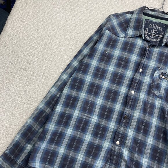Y2K Guess Mens Blue Plaid Button-Down Long-Sleeve Shirt Metal Snap / Zip Size XL - Picture 3 of 16